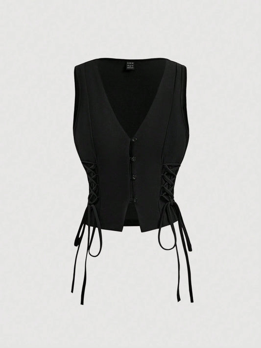MOD Solid Color Cross Tie Strap Black Side Strap Crop Tank Top For Summer