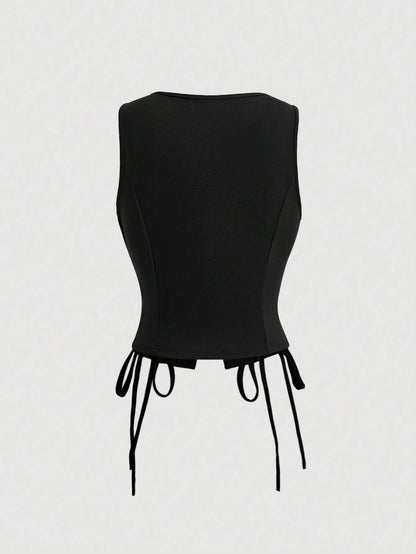 MOD Solid Color Cross Tie Strap Black Side Strap Crop Tank Top For Summer