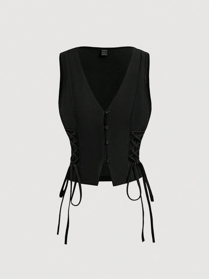 MOD Solid Color Cross Tie Strap Black Side Strap Crop Tank Top For Summer