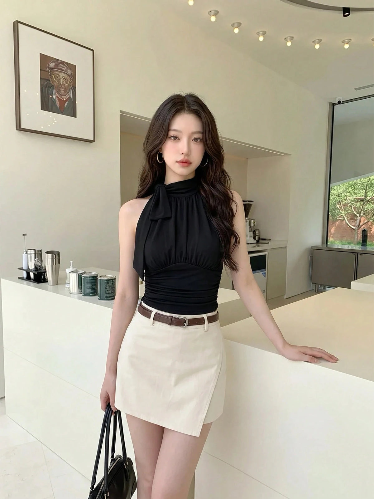 MOD Stand Collar Bowknot Drawstring Ruched Beige Top,Summer Tops,Elegant Blouses For Ladies, Office Wear For Women,Back To School Clothes