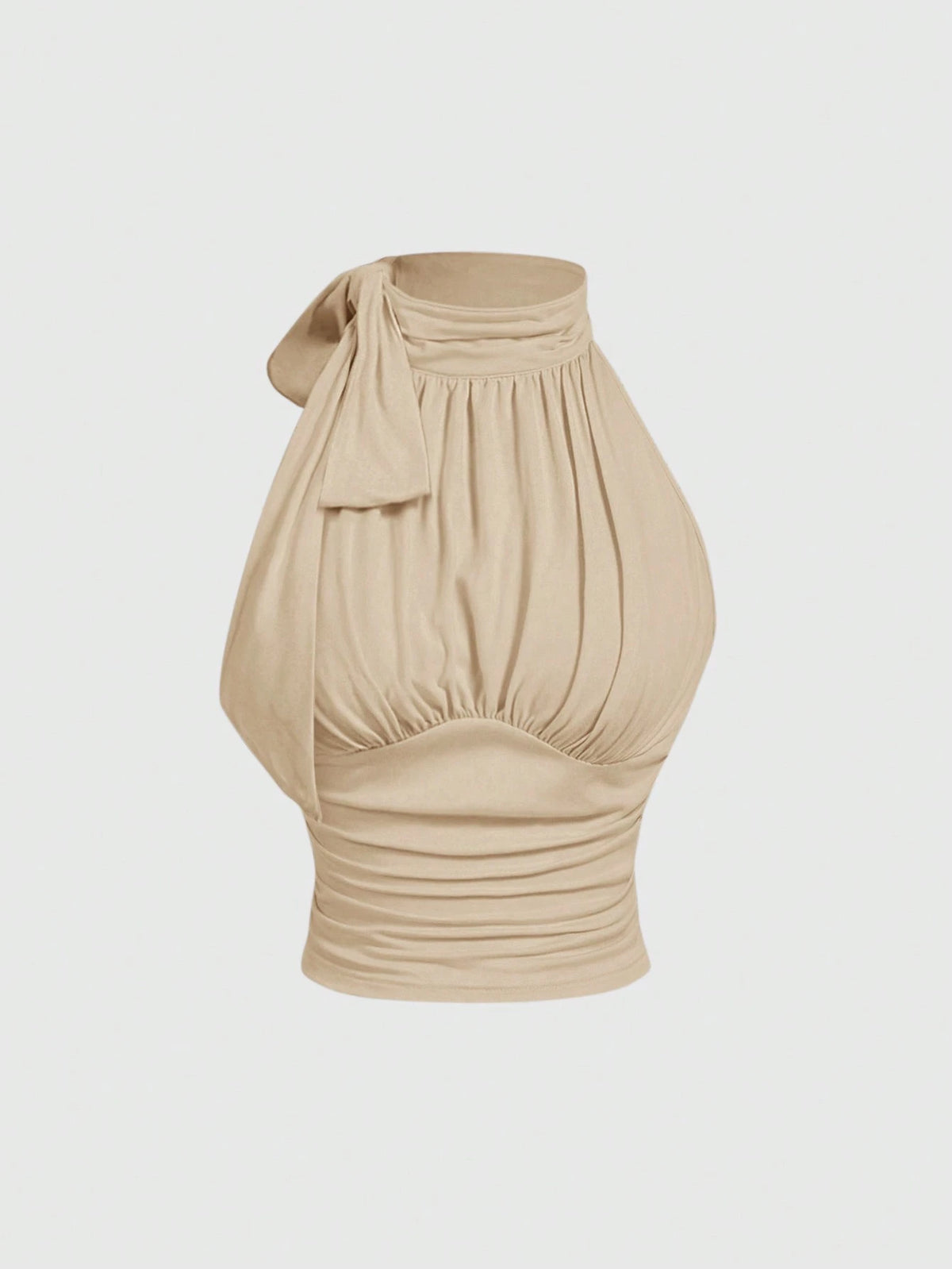 MOD Stand Collar Bowknot Drawstring Ruched Beige Top,Summer Tops,Elegant Blouses For Ladies, Office Wear For Women,Back To School Clothes