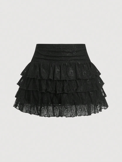 MOD Women's Black Lace Ruffle Hem Mini Skirt,Valentine Dayvacation Outfits Woman,Club Outfits Women Sexy