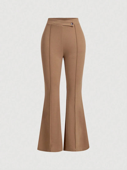 MOD Women's Brown Winter Elegant Semi Formal High Waist Flare Leg Pants,Toothpick Pleats Bell Bottom Pants,Vintage Y2K Style Casual Trousers