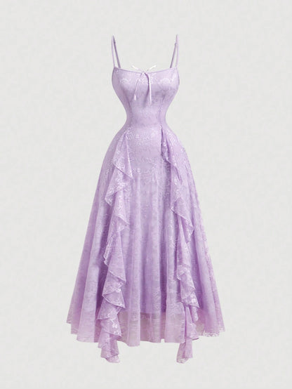 MOD Women's Elegant Lavender Summer Lace Ruffle Bow Decor Slip Dress, Date Party Evening Dress,Vacation Cruise Outfits,Valentine Day Wedding Event