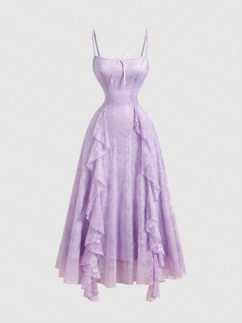 MOD Women's Elegant Lavender Summer Lace Ruffle Bow Decor Slip Dress, Date Party Evening Dress,Vacation Cruise Outfits,Valentine Day Wedding Event
