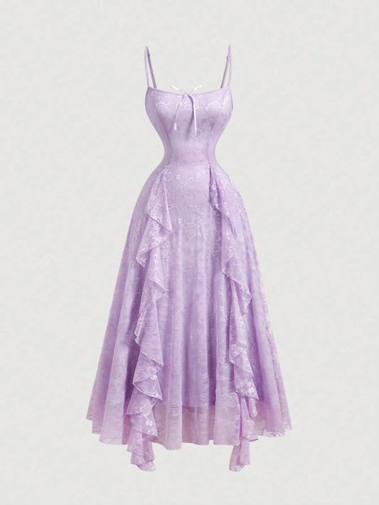 MOD Women's Elegant Lavender Summer Lace Ruffle Bow Decor Slip Dress, Date Party Evening Dress,Vacation Cruise Outfits,Valentine Day Wedding Event