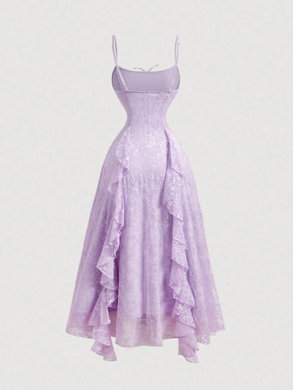 MOD Women's Elegant Lavender Summer Lace Ruffle Bow Decor Slip Dress, Date Party Evening Dress,Vacation Cruise Outfits,Valentine Day Wedding Event