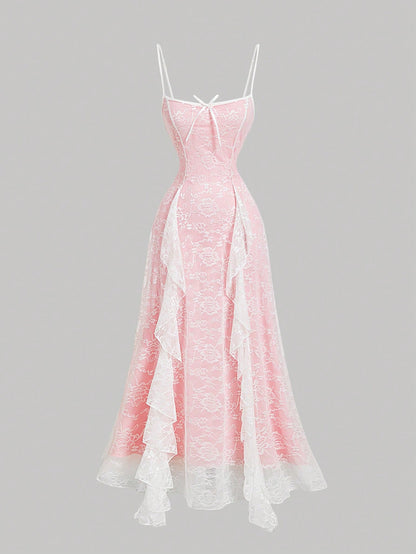 MOD Women's Elegant Lavender Summer Lace Ruffle Bow Decor Slip Dress, Date Party Evening Dress,Vacation Cruise Outfits,Valentine Day Wedding Event