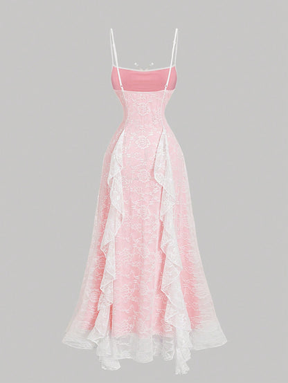 MOD Women's Elegant Lavender Summer Lace Ruffle Bow Decor Slip Dress, Date Party Evening Dress,Vacation Cruise Outfits,Valentine Day Wedding Event