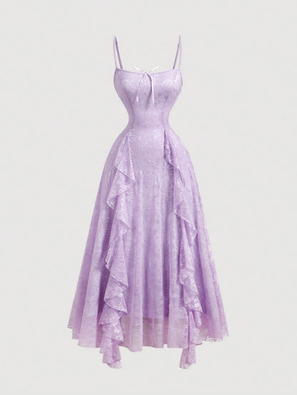 MOD Women's Elegant Lavender Summer Lace Ruffle Bow Decor Slip Dress, Date Party Evening Dress,Vacation Cruise Outfits,Valentine Day Wedding Event