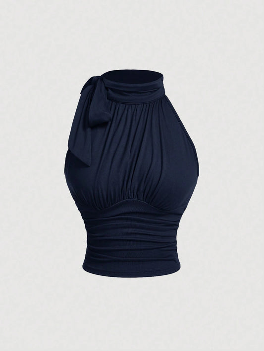 MOD Women's Elegant Navy Blue Sleeveless Stand Collar Bow Tie-Up Ruched Blouse,Summer Night Out Fitted Charming Work Professional Club Fall Tops