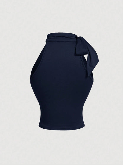 MOD Women's Elegant Navy Blue Sleeveless Stand Collar Bow Tie-Up Ruched Blouse,Summer Night Out Fitted Charming Work Professional Club Fall Tops