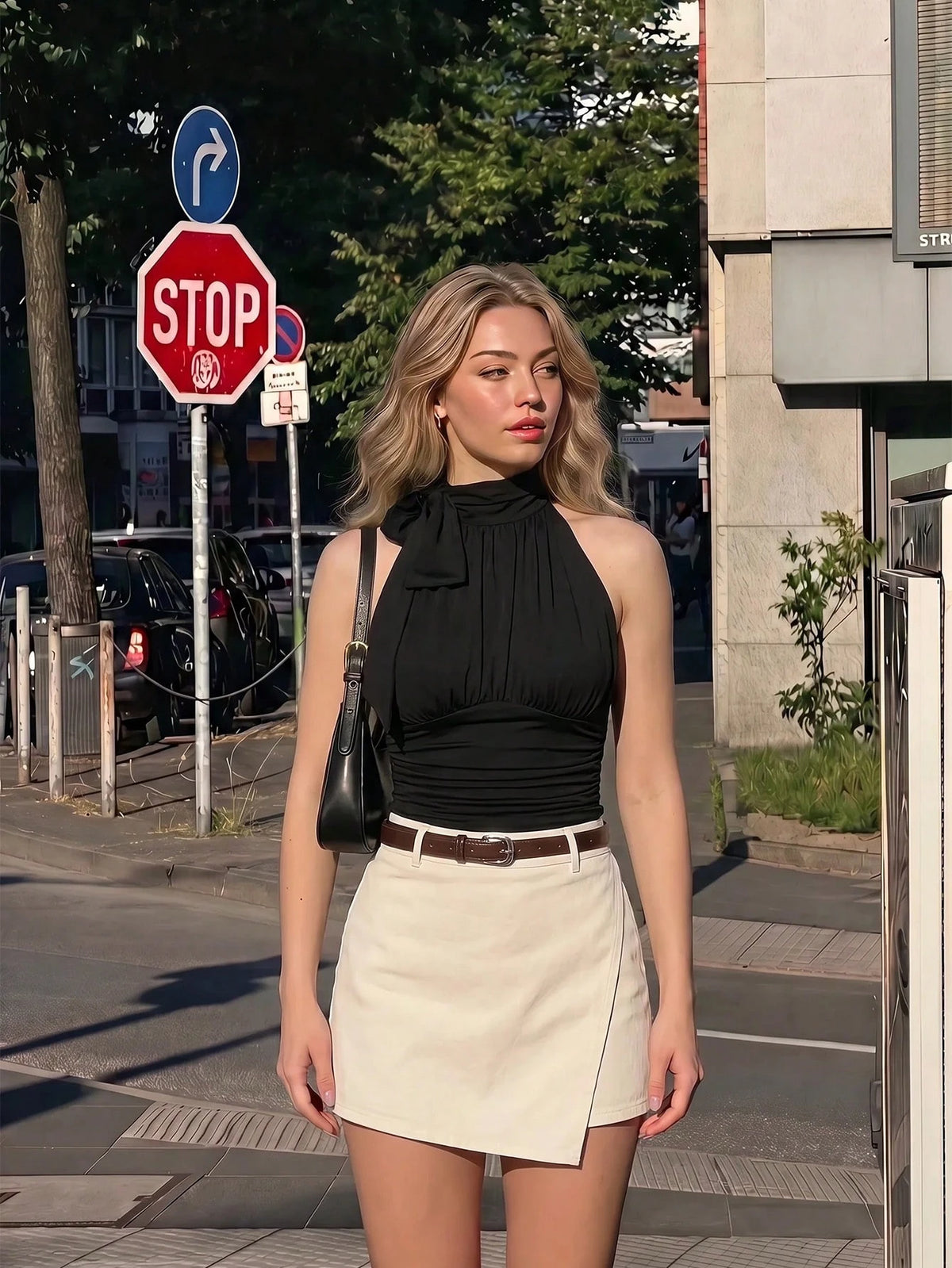 MOD Women's Elegant Navy Blue Sleeveless Stand Collar Bow Tie-Up Ruched Blouse,Summer Night Out Fitted Charming Work Professional Club Fall Tops