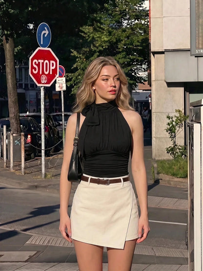 MOD Women's Elegant Navy Blue Sleeveless Stand Collar Bow Tie-Up Ruched Blouse,Summer Night Out Fitted Charming Work Professional Club Fall Tops