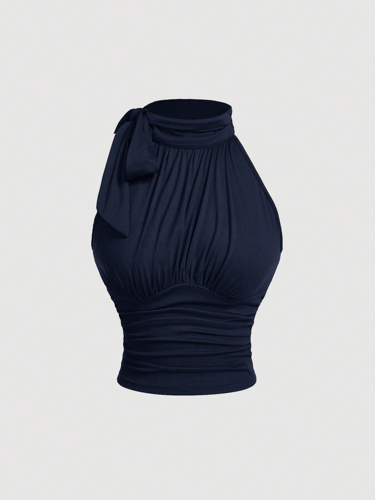 MOD Women's Elegant Navy Blue Sleeveless Stand Collar Bow Tie-Up Ruched Blouse,Summer Night Out Fitted Charming Work Professional Club Fall Tops