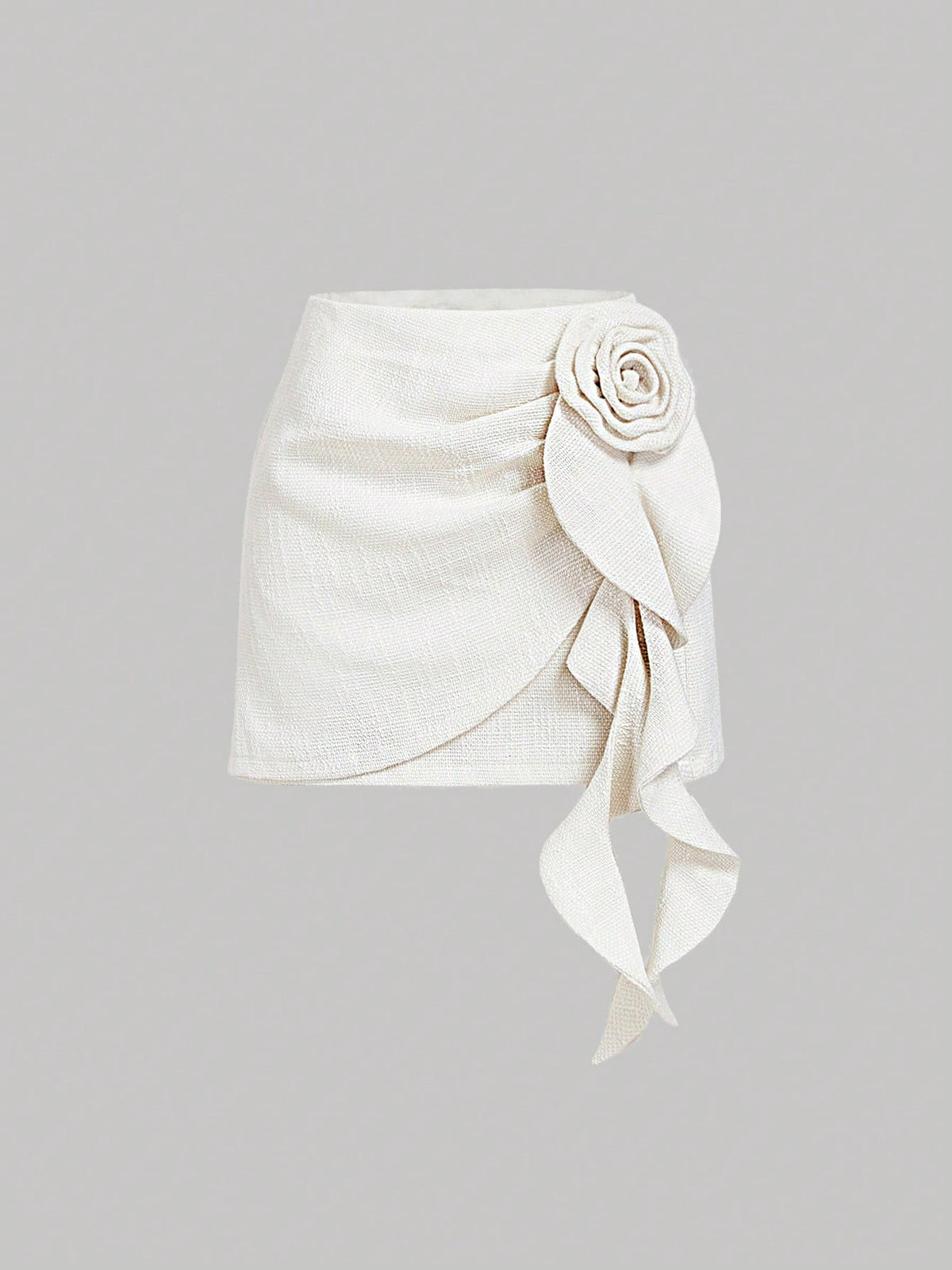 MOD Women's Elegant Romantic Off-White A-Line Tweed Skirt, 3D Flower Ruffle Hem Autumn Mini Skirt, High Waist Wrap Linen Skirts For Party Date, Wedding