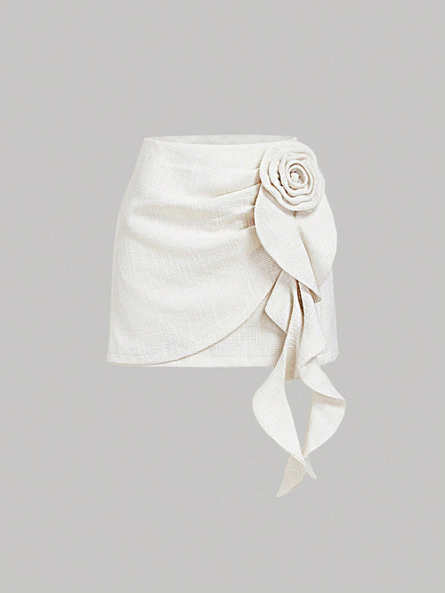 MOD Women's Elegant Romantic Off-White A-Line Tweed Skirt, 3D Flower Ruffle Hem Autumn Mini Skirt, High Waist Wrap Linen Skirts For Party Date, Wedding