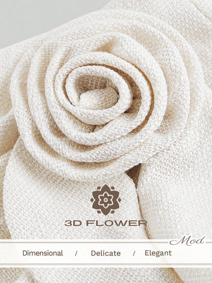 MOD Women's Elegant Romantic Off-White A-Line Tweed Skirt, 3D Flower Ruffle Hem Autumn Mini Skirt, High Waist Wrap Linen Skirts For Party Date, Wedding