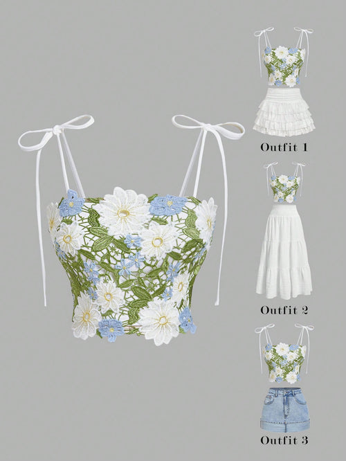 MOD Women's Guipure Lace Floral Bow Strap Camisole Top, Summer Cottage Core Holiday Vacation Summer, Elegant Party