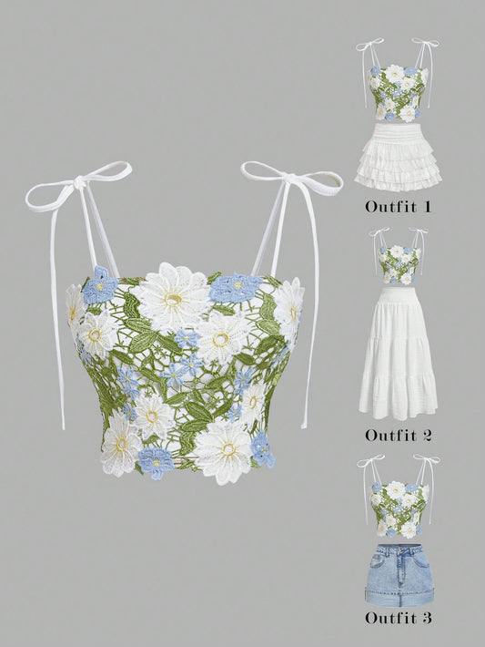 MOD Women's Guipure Lace Floral Bow Strap Camisole Top, Summer Cottage Core Holiday Vacation Summer, Elegant Party