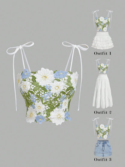 MOD Women's Guipure Lace Floral Bow Strap Camisole Top, Summer Cottage Core Holiday Vacation Summer, Elegant Party