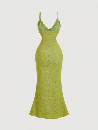 MOD Women's Solid Color Lace Ruffled Fishtail Hem Elegant Spaghetti Strap Dress,Greek Goddess Formal Party Dress,Mermaid Skirt,Lime Green,Summer Outfit