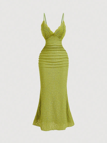 MOD Women's Solid Color Lace Ruffled Fishtail Hem Elegant Spaghetti Strap Dress,Greek Goddess Formal Party Dress,Mermaid Skirt,Lime Green,Summer Outfit