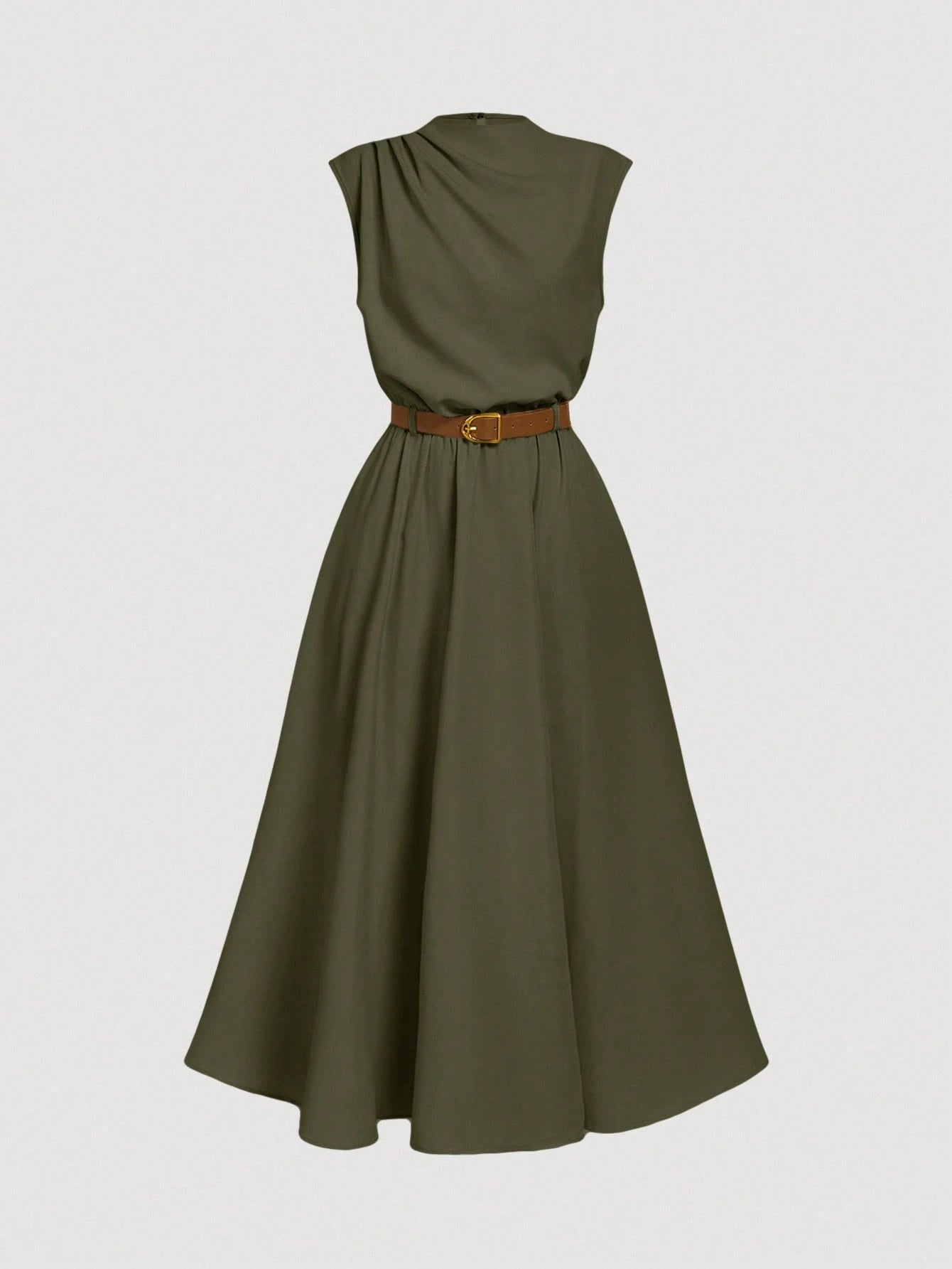 MOD Women's Solid Color Sleeveless Dress (With Belt), Back To School Season, Olive Dress