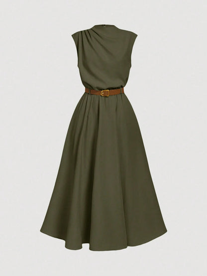 MOD Women's Solid Color Sleeveless Dress (With Belt), Back To School Season, Olive Dress