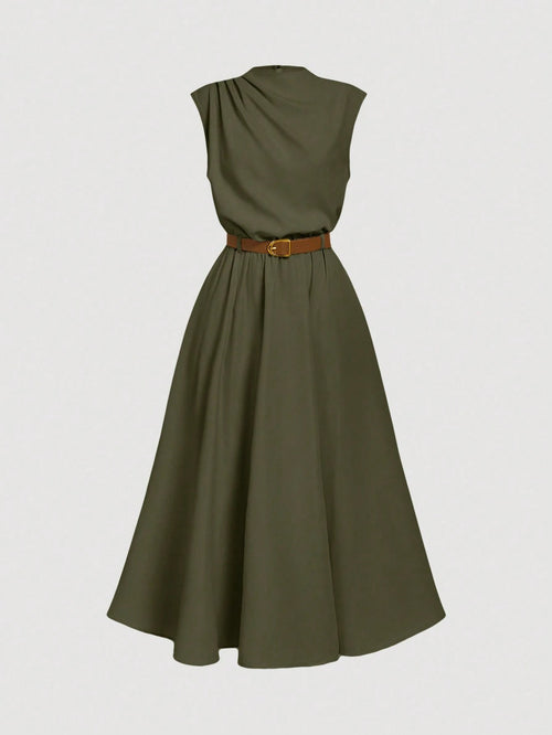 MOD Women's Solid Color Sleeveless Dress (With Belt), Back To School Season, Olive Dress