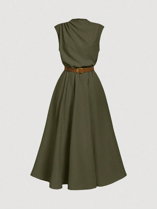 MOD Women's Solid Color Sleeveless Dress (With Belt), Back To School Season, Olive Dress