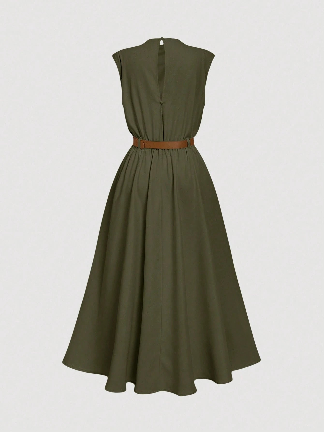 MOD Women's Solid Color Sleeveless Dress (With Belt), Back To School Season, Olive Dress