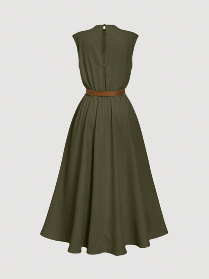 MOD Women's Solid Color Sleeveless Dress (With Belt), Back To School Season, Olive Dress