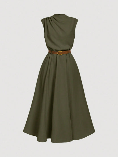 MOD Women's Solid Color Sleeveless Dress (With Belt), Back To School Season, Olive Dress