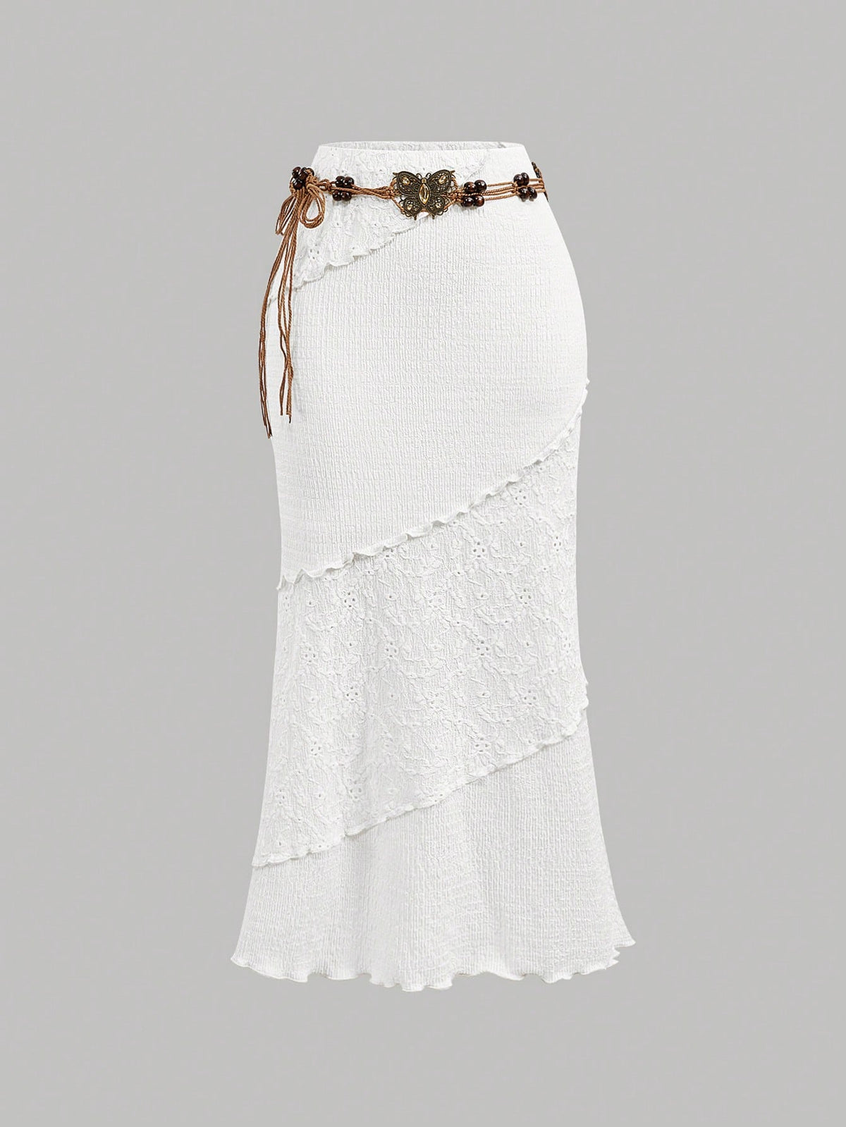 MOD Women's White Patchwork Bohemian Maxi Skirt With Belt