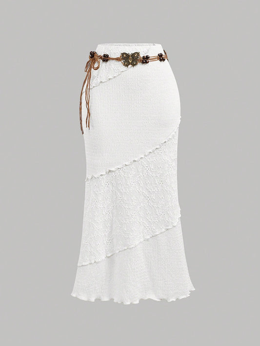 MOD Women's White Patchwork Bohemian Maxi Skirt With Belt