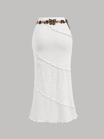 MOD Women's White Patchwork Bohemian Maxi Skirt With Belt