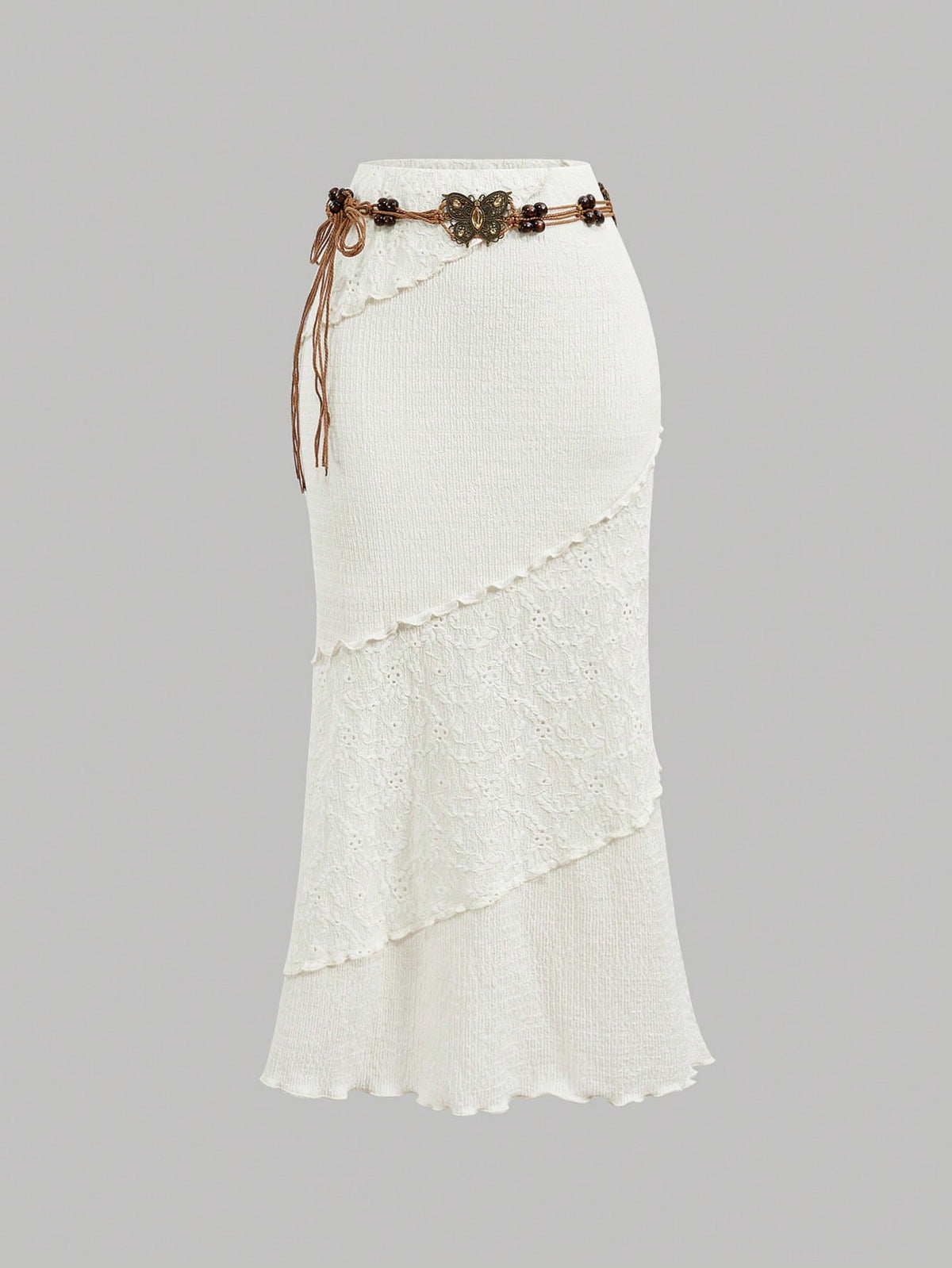 MOD Women's White Patchwork Bohemian Maxi Skirt With Belt