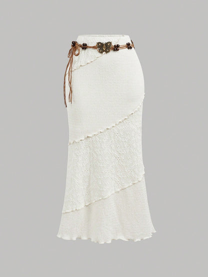 MOD Women's White Patchwork Bohemian Maxi Skirt With Belt
