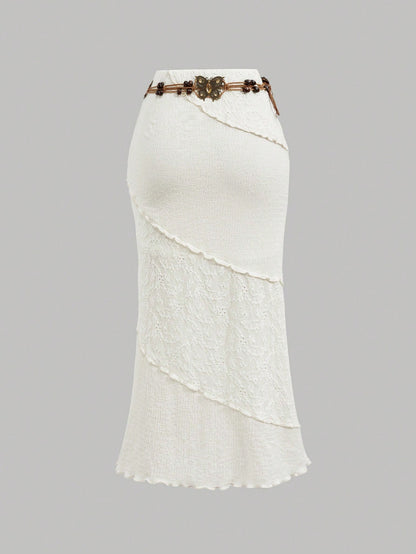 MOD Women's White Patchwork Bohemian Maxi Skirt With Belt