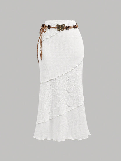 MOD Women's White Patchwork Bohemian Maxi Skirt With Belt