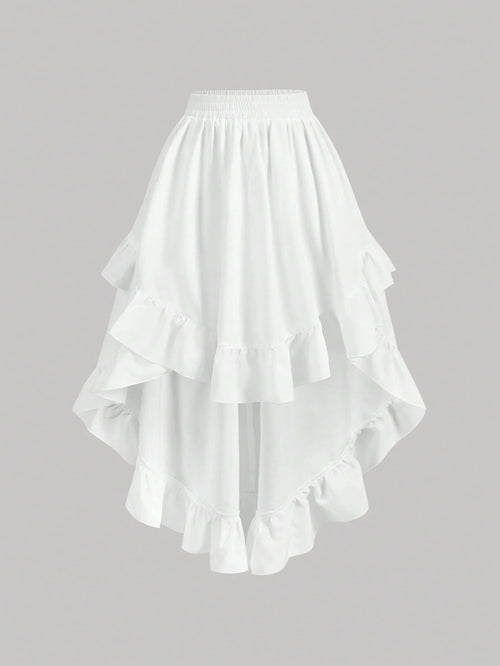 MOD Women's White Ruffle Hem Skirt, Retro Black Layered A-Line Skirt