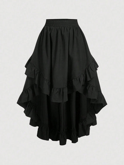 MOD Women's White Ruffle Hem Skirt, Retro Black Layered A-Line Skirt