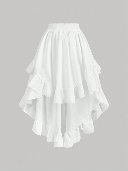 MOD Women's White Ruffle Hem Skirt, Retro Black Layered A-Line Skirt