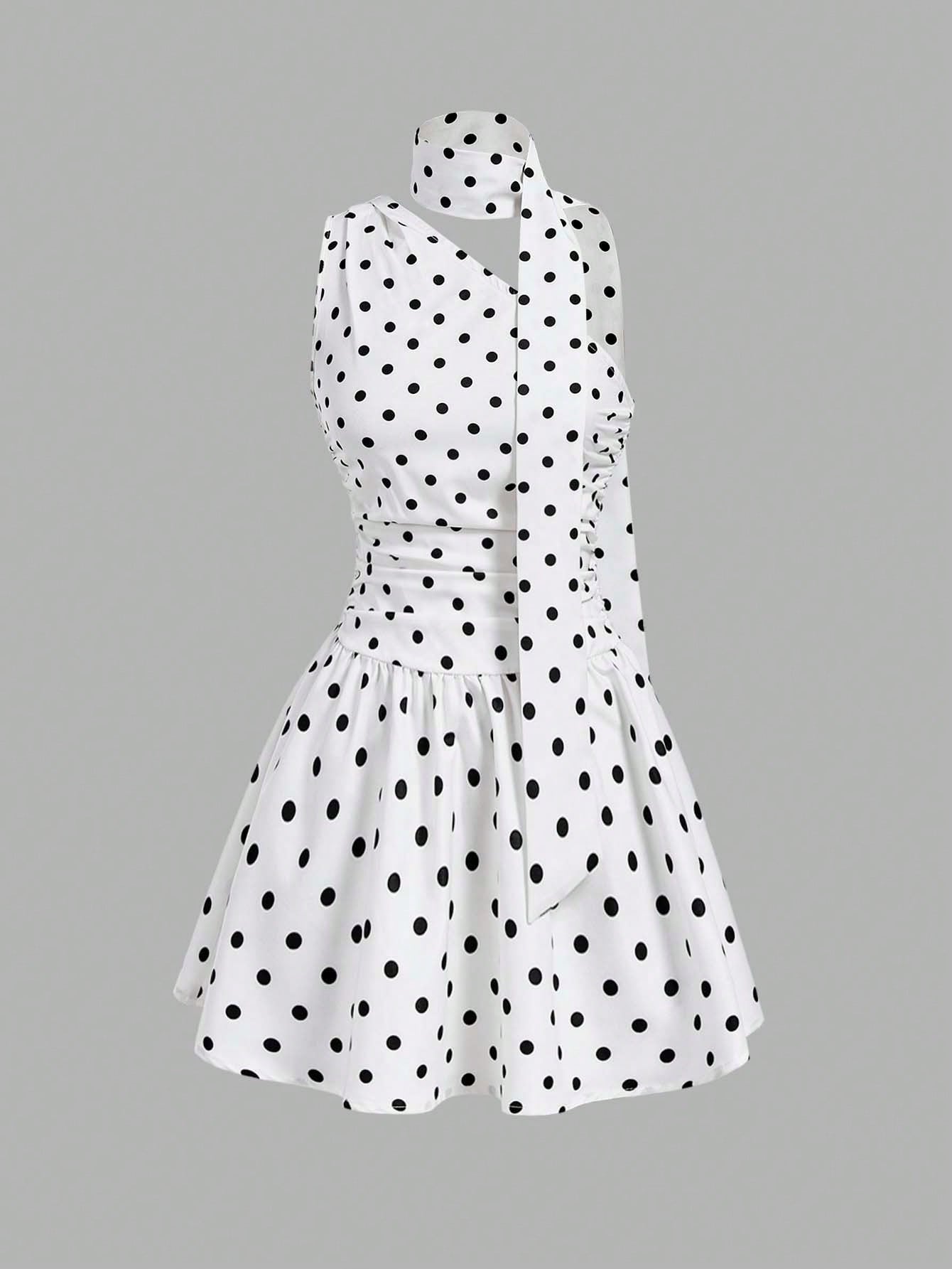 MOD Women's White With Black Polka Dots Print Ruffle Sleeveless Sweet French Style Cute Dress, Dresses For Woman,Retro Dresses For Woman Party Summer