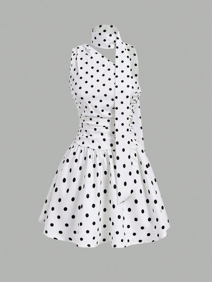 MOD Women's White With Black Polka Dots Print Ruffle Sleeveless Sweet French Style Cute Dress, Dresses For Woman,Retro Dresses For Woman Party Summer