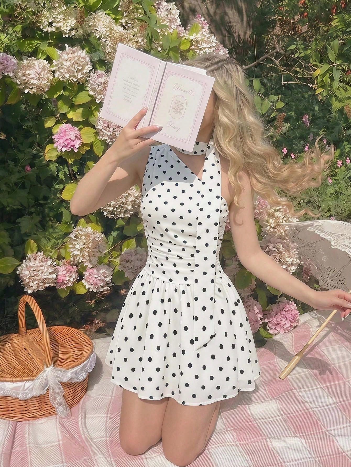 MOD Women's White With Black Polka Dots Print Ruffle Sleeveless Sweet French Style Cute Dress, Dresses For Woman,Retro Dresses For Woman Party Summer