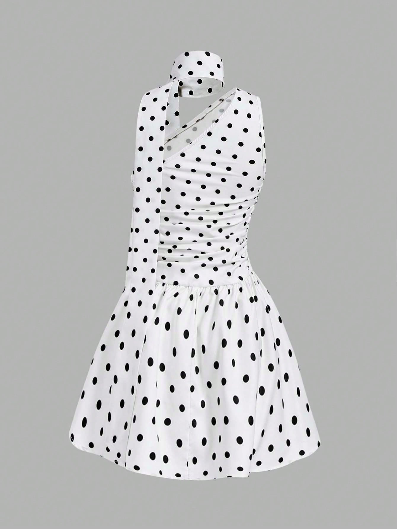 MOD Women's White With Black Polka Dots Print Ruffle Sleeveless Sweet French Style Cute Dress, Dresses For Woman,Retro Dresses For Woman Party Summer