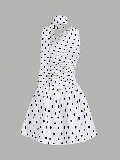 MOD Women's White With Black Polka Dots Print Ruffle Sleeveless Sweet French Style Cute Dress, Dresses For Woman,Retro Dresses For Woman Party Summer