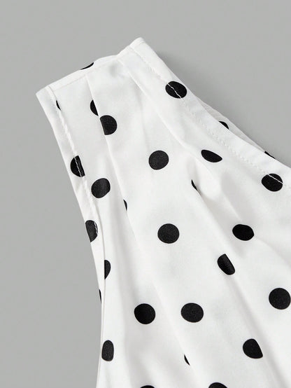 MOD Women's White With Black Polka Dots Print Ruffle Sleeveless Sweet French Style Cute Dress, Dresses For Woman,Retro Dresses For Woman Party Summer
